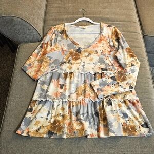 Sew In Love Gray Pink Floral Casual Boho V-Neck Babydoll Top Size Large